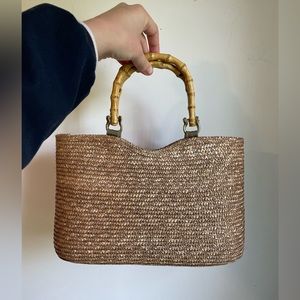 Vintage Woven Raffia Straw Purse With Bamboo Handles